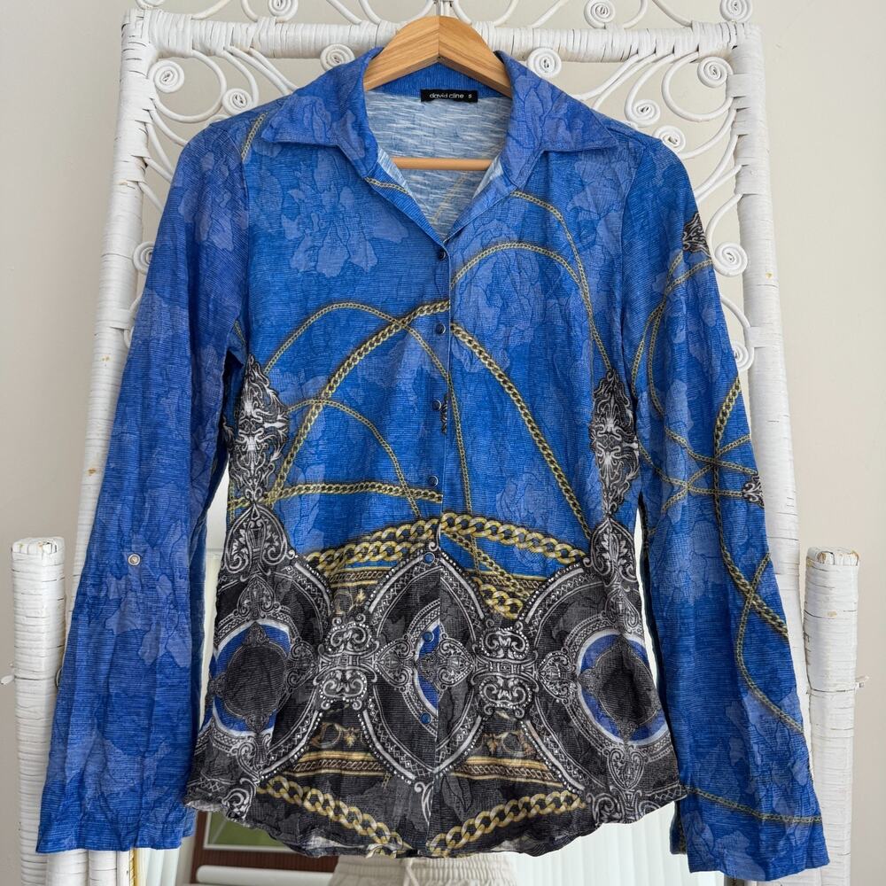 David Cline Top Small Blue Snap Front Blouse Artsy Baroque Chain Equestrian USA